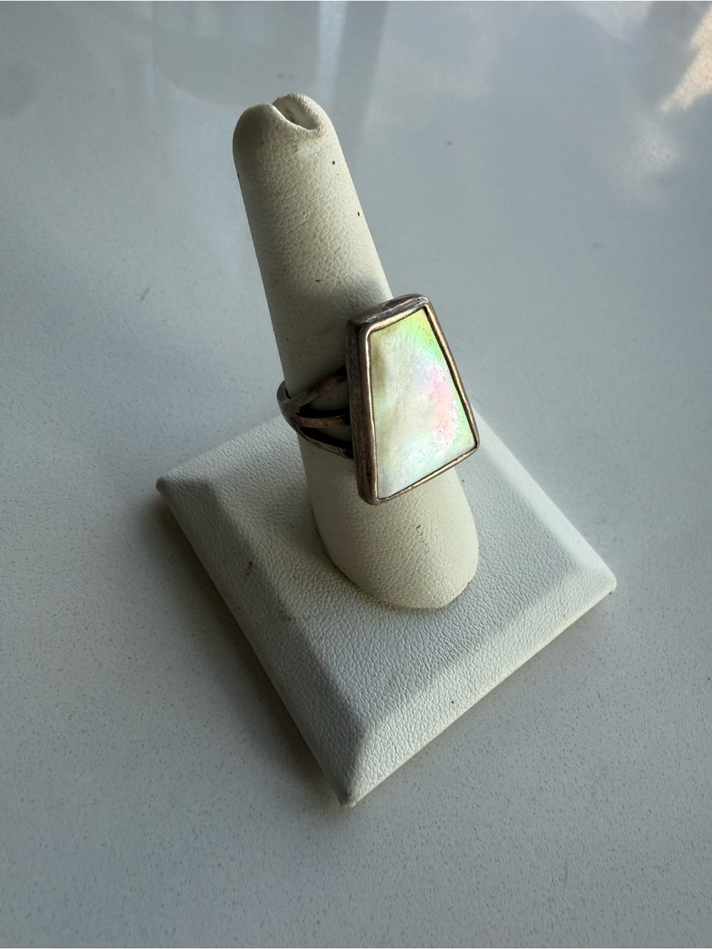 Sterling Silver Ring with Iridescent Mother-of-Pearl Inlay